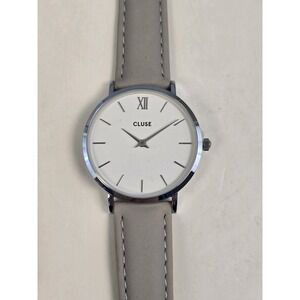 CLUSE Women's Quartz Watch Minuit Gray Leather Strap Silver Case White Dial NWT
